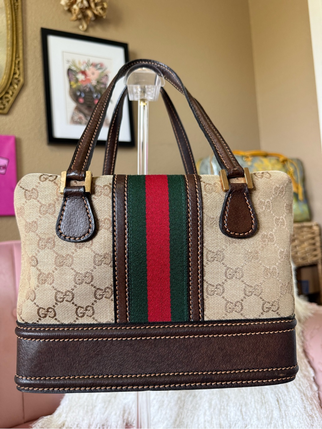 Auth! Vintage Gucci Train Case/Doctor Bag Classic Monogram W Red/Green Stripe